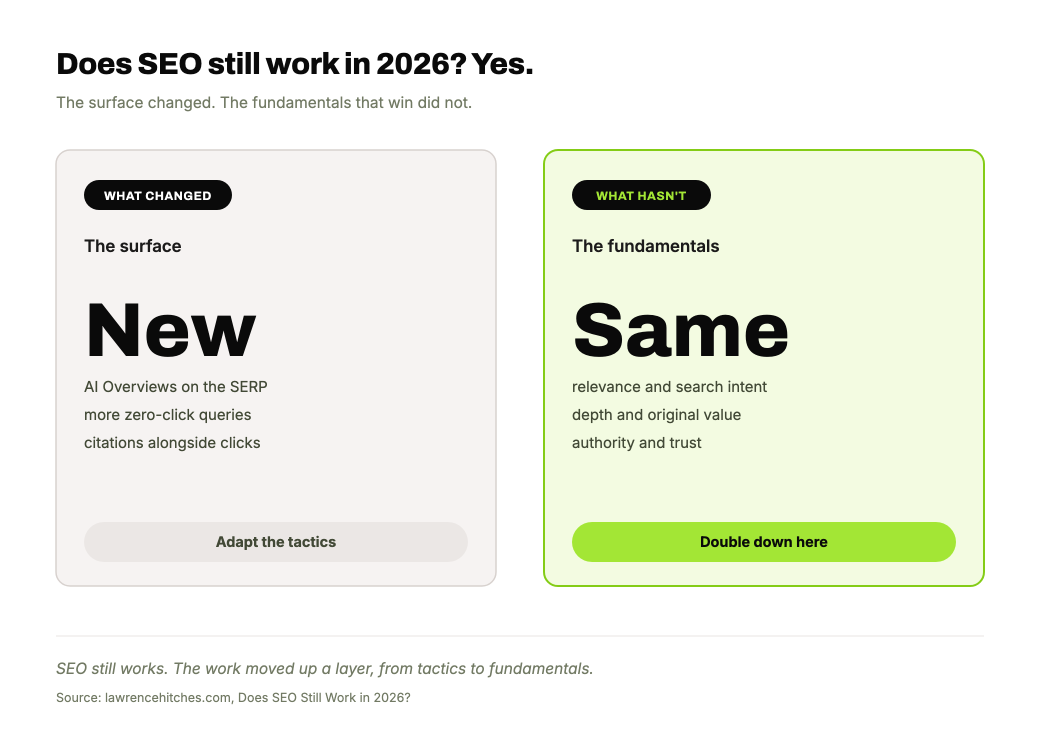 Two scenario cards: what changed in SEO (AI Overviews, zero-click, citations) versus what has not changed (fundamentals: relevance, depth, authority) highlighted in lime.