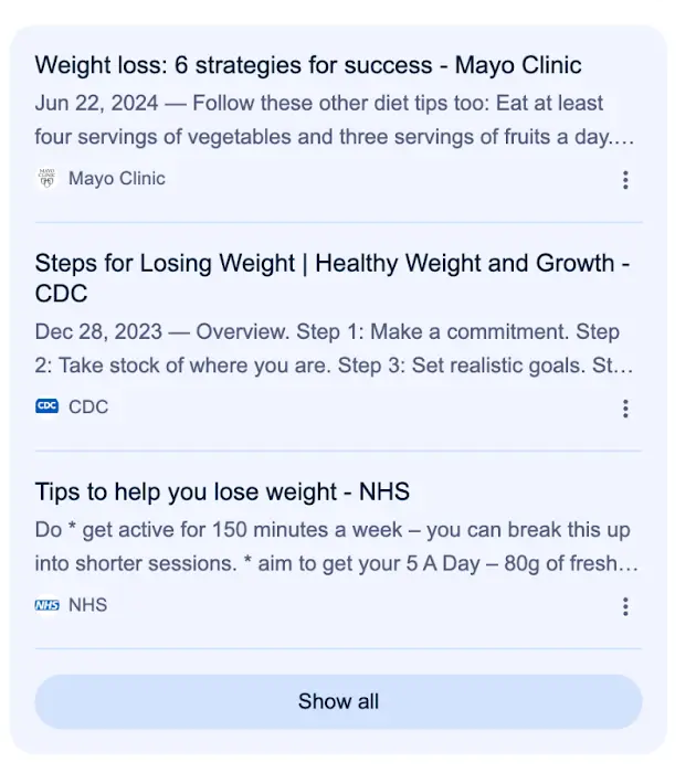 Real Google AI Overview citation panel for the search how to lose weight, showing three sources, Mayo Clinic, CDC and NHS, with a Show all button