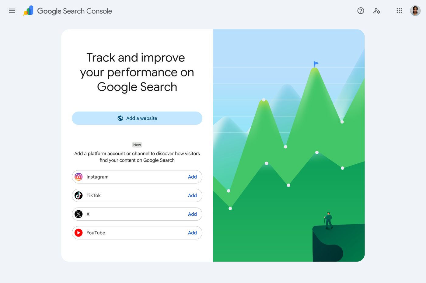 Google Search Console interface offering to add a platform account or channel, with Instagram, TikTok, X and YouTube listed as connectable properties