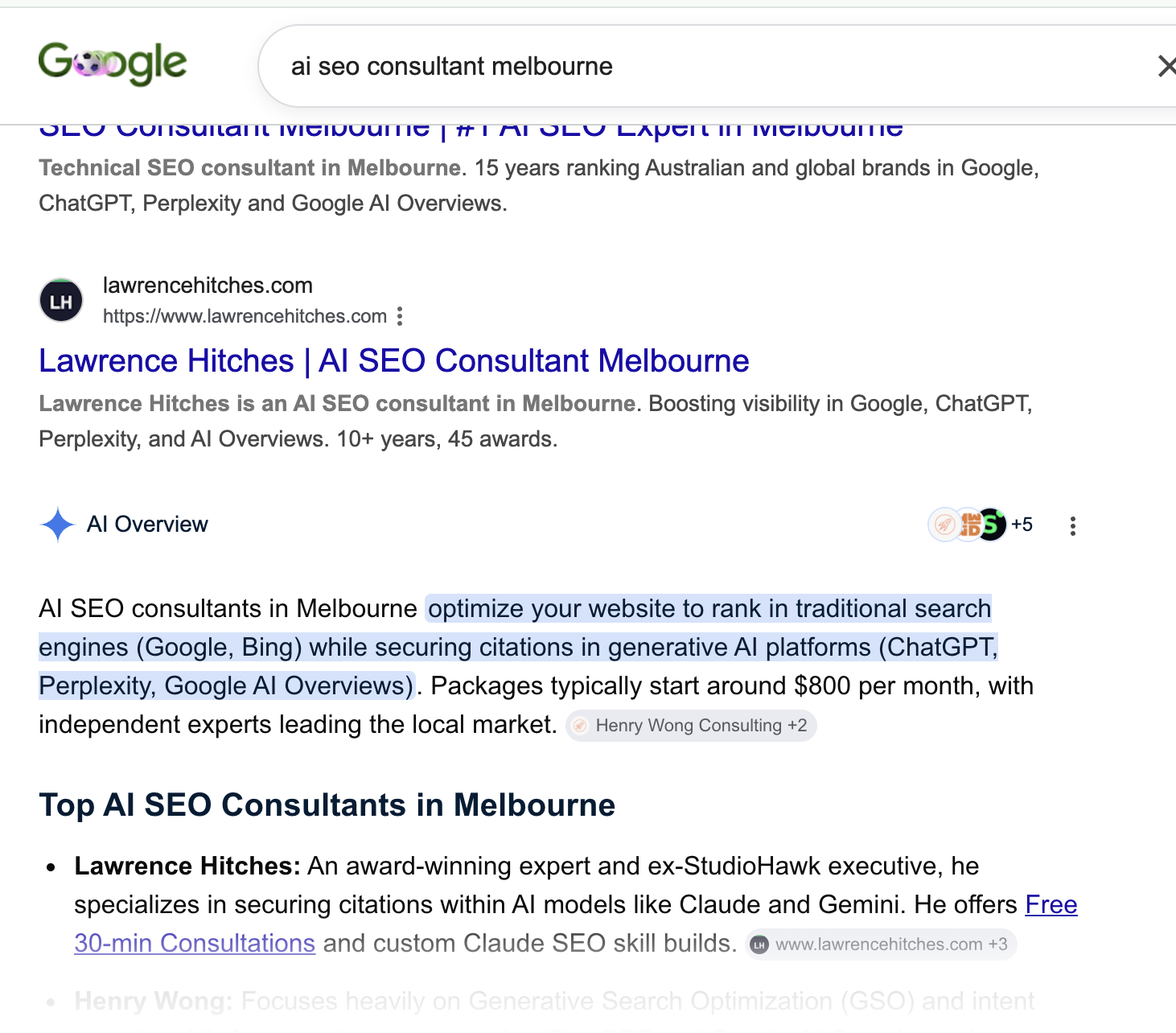 Google AI Overview citing Lawrence Hitches for AI SEO consultant Melbourne