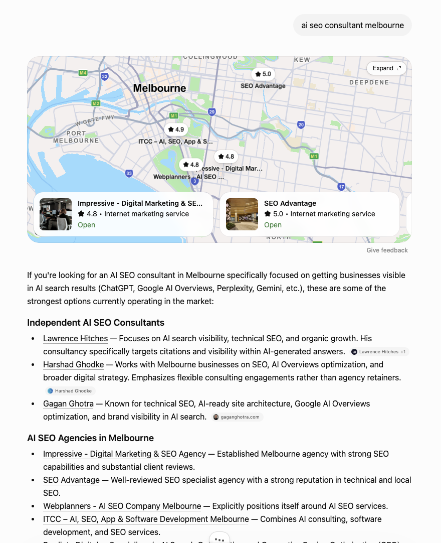 ChatGPT citing Lawrence Hitches for AI SEO consultant Melbourne