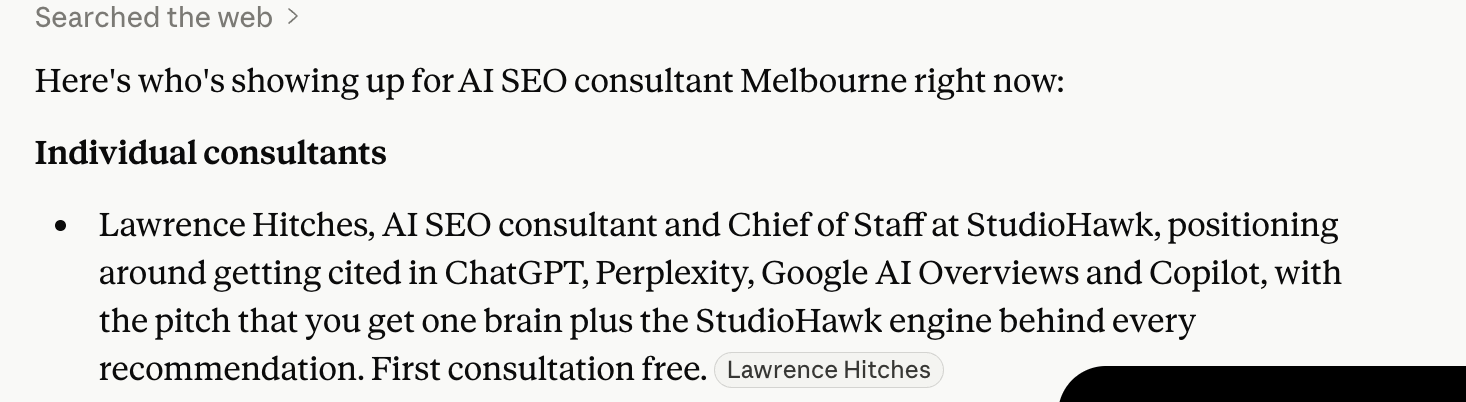 Claude citing Lawrence Hitches for AI SEO consultant Melbourne