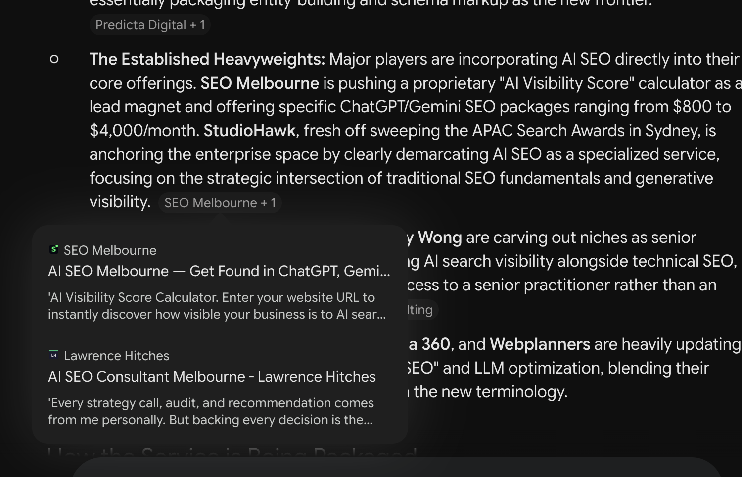 Gemini / Google AI Mode citing Lawrence Hitches for AI SEO consultant Melbourne