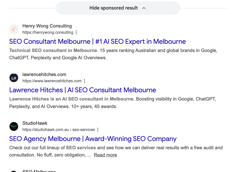 Google (10 blue links) citing Lawrence Hitches for AI SEO consultant Melbourne