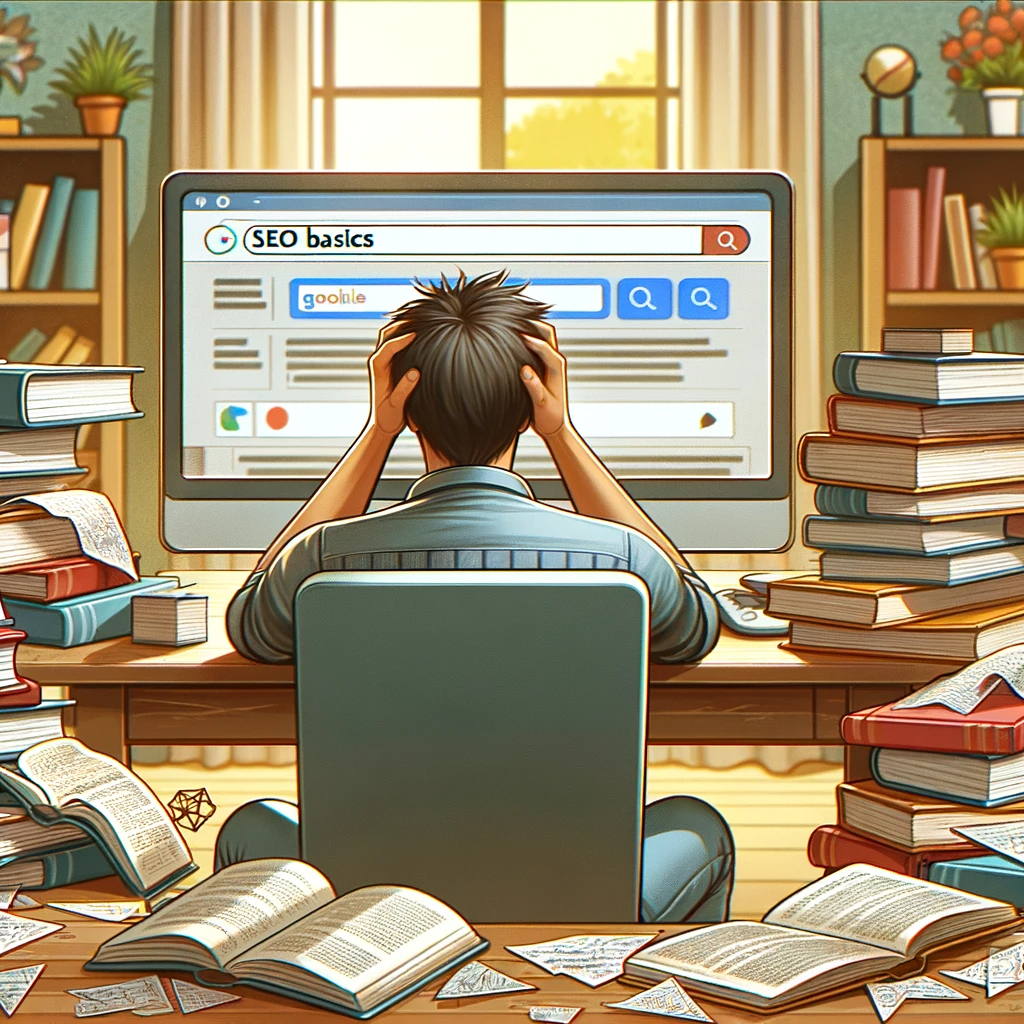 Here is the image depicting the concept of learning SEO, showing a person at a desk surrounded by books and a computer, looking a bit puzzled and overwhelmed. The environment is a cozy, well-lit study room, suggesting a setting conducive to learning. Here is the image depicting the concept of learning SEO, showing a person at a desk surrounded by books and a computer, looking a bit puzzled and overwhelmed. The environment is a cozy, well-lit study room, suggesting a setting conducive to learning.