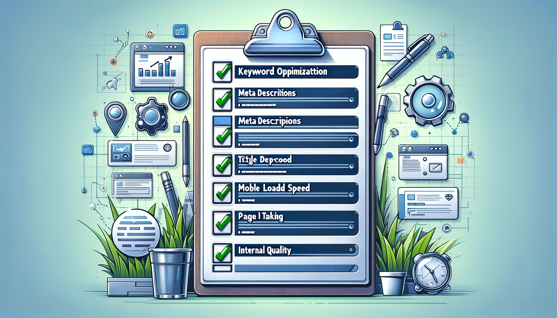 A detailed illustration showing an 'On-Page SEO Checklist'. The image features a large checklist on a clipboard, with items like 'Keyword Optimization