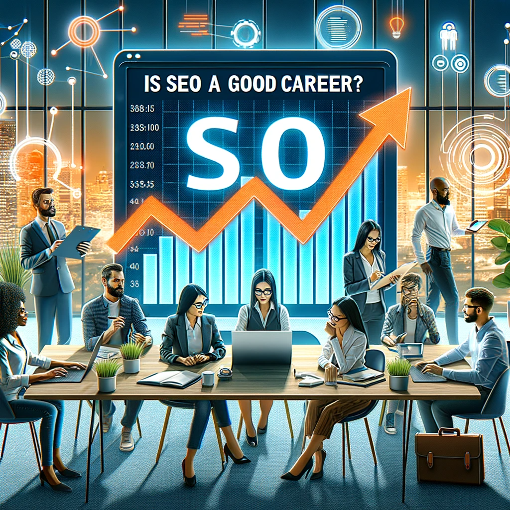 It includes elements like a graph indicating rising career opportunities in SEO, a laptop displaying SEO analytics, and a diverse group of individuals collaborating in a modern office environment.