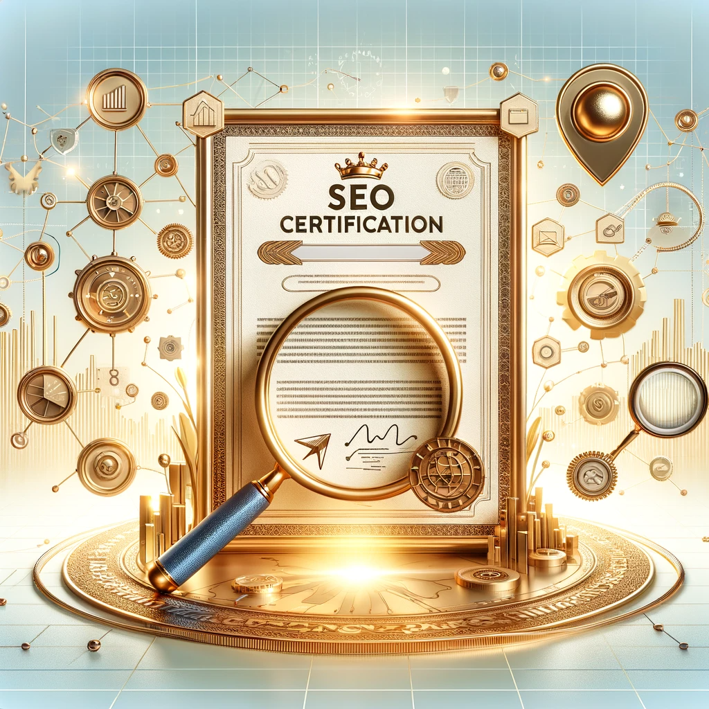 an image of a SEO certification in a gold frame with magnifying glass.