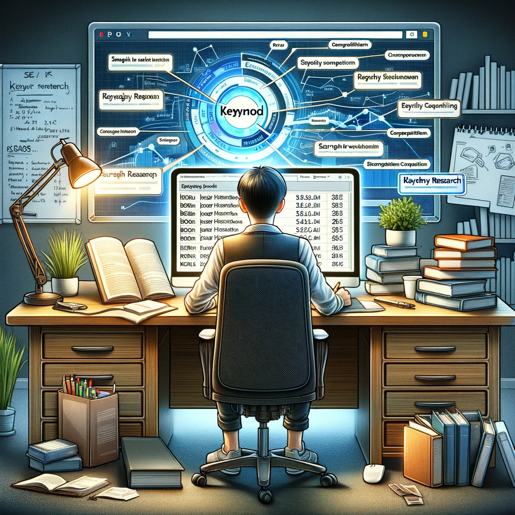 a man at a computer doing keyword research