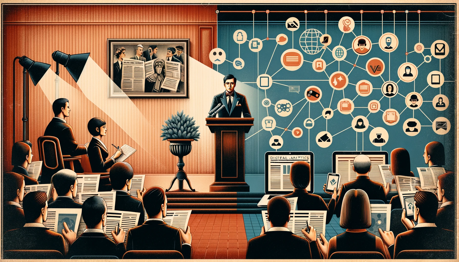 The image portrays a stark contrast between traditional and digital public relations (PR). On the left, traditional PR is depicted with a vintage ambiance: a person speaks at a podium in a press conference setting, surrounded by journalists taking notes, and newspapers are visible, evoking an old-fashioned feel. On the right, digital PR is represented with a modern, high-tech flair: a person engages with social media on a laptop, surrounded by digital analytics on screens, and a vibrant online community is symbolized by interconnected avatars. The two halves are distinctly separated, illustrating the evolution from traditional to digital methods in public relations.