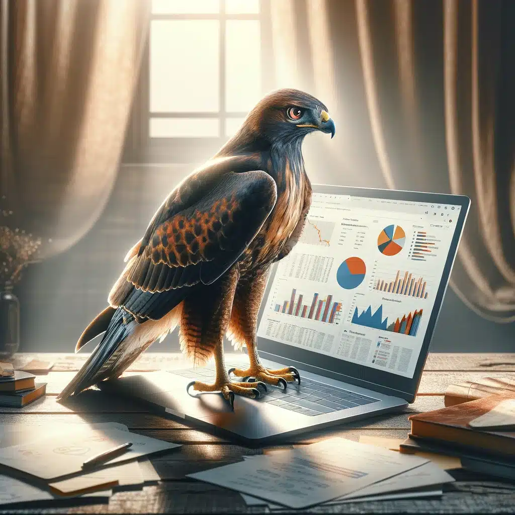 A hawk conducting an SEO audit. The scene blends the natural majesty of the hawk with the analytical precision of SEO, capturing the essence of insight and strategy through this unique perspective.