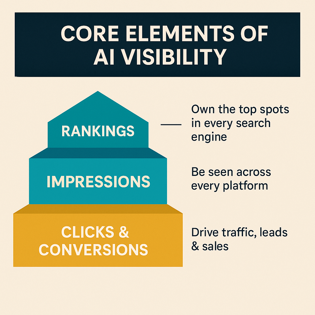 Infographic titled "Core Elements of AI Visibility," showing a three-tier pyramid: Rankings at the top, Impressions in the middle, and Clicks & Conversions at the base, each explaining their role in AI-driven search visibility.